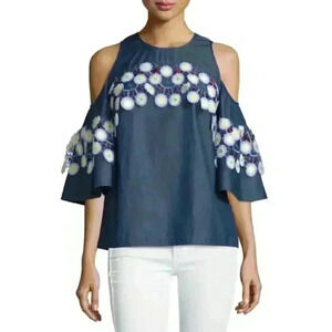 Peter Pilotto Embroidered Chambray Cold-Shoulder Top Quiet Luxury Bohemian